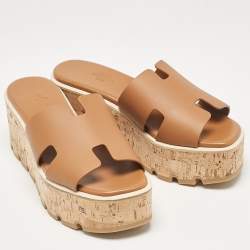 Pre Owned Hermes Brown Leather Eze Platform Sandals Size 38