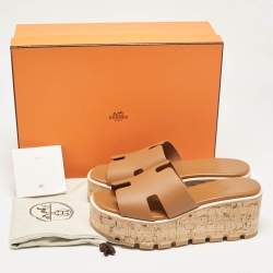 Pre Owned Hermes Brown Leather Eze Platform Sandals Size 38