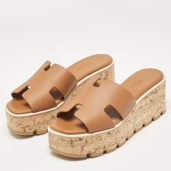 Pre Owned Hermes Brown Leather Eze Platform Sandals Size 38