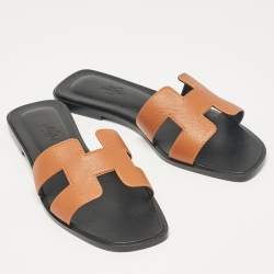 Hermes Brown Leather Oran Flat Slides Size  38