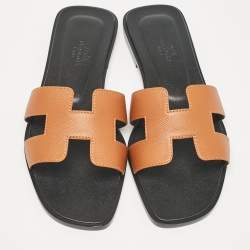 Hermes Brown Leather Oran Flat Slides Size  38