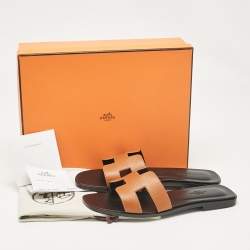 Hermes Brown Leather Oran Flat Slides Size  38