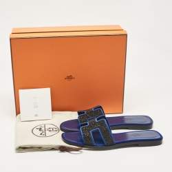 Pre Owned Hermes Blue/Black Suede Crystal Embellished Oran Flat Slides Size 36.5