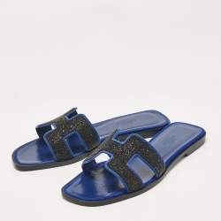 Pre Owned Hermes Blue/Black Suede Crystal Embellished Oran Flat Slides Size 36.5