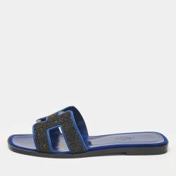 Pre Owned Hermes Blue/Black Suede Crystal Embellished Oran Flat Slides Size 36.5