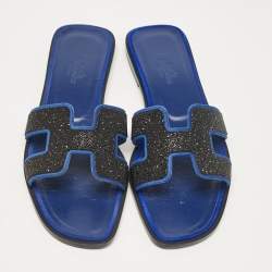 Pre Owned Hermes Blue/Black Suede Crystal Embellished Oran Flat Slides Size 36.5