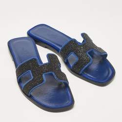 Pre Owned Hermes Blue/Black Suede Crystal Embellished Oran Flat Slides Size 36.5