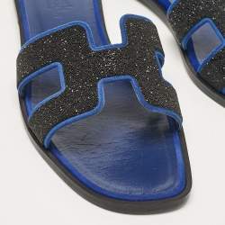 Pre Owned Hermes Blue/Black Suede Crystal Embellished Oran Flat Slides Size 36.5