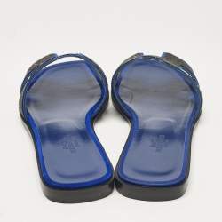 Pre Owned Hermes Blue/Black Suede Crystal Embellished Oran Flat Slides Size 36.5