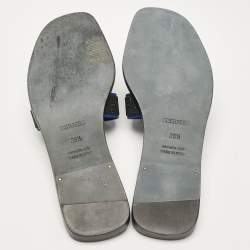 Pre Owned Hermes Blue/Black Suede Crystal Embellished Oran Flat Slides Size 36.5