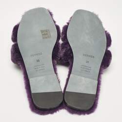 Hermes Purple Shearling Fur Oran Flat Slides Size 38