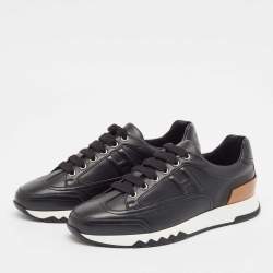 Pre Owned Hermes Black Leather Trail Lace Up Sneakers Size 37