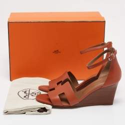 Pre Owned Hermes Brown Leather Legend Wedge Sandals Size 38.5