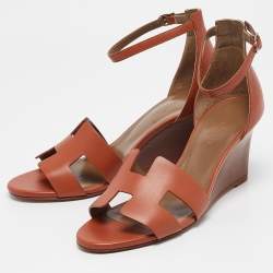 Pre Owned Hermes Brown Leather Legend Wedge Sandals Size 38.5
