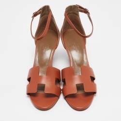 Pre Owned Hermes Brown Leather Legend Wedge Sandals Size 38.5