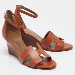 Pre Owned Hermes Brown Leather Legend Wedge Sandals Size 38.5