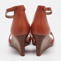 Pre Owned Hermes Brown Leather Legend Wedge Sandals Size 38.5