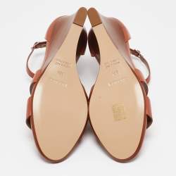 Pre Owned Hermes Brown Leather Legend Wedge Sandals Size 38.5