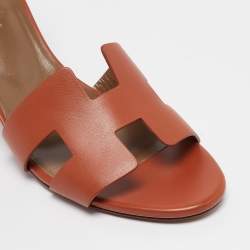 Pre Owned Hermes Brown Leather Legend Wedge Sandals Size 38.5