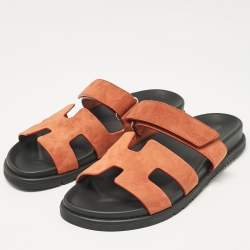 Pre Owned Hermes Orange Suede Chypre  Sandals Size 40.5