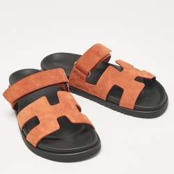 Pre Owned Hermes Orange Suede Chypre  Sandals Size 40.5