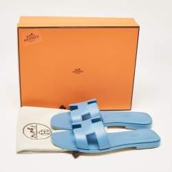 Pre Owned Hermès Blue Leather Oran Slide Flats Size 38.5