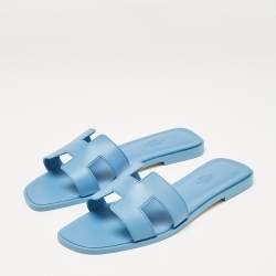 Pre Owned Hermès Blue Leather Oran Slide Flats Size 38.5