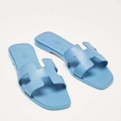 Pre Owned Hermès Blue Leather Oran Slide Flats Size 38.5