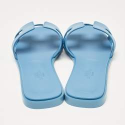 Pre Owned Hermès Blue Leather Oran Slide Flats Size 38.5