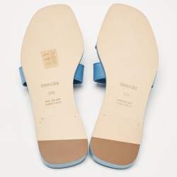 Pre Owned Hermès Blue Leather Oran Slide Flats Size 38.5
