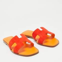 Hermes Red Suede Oran Flat Slides Size 38.5