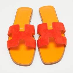 Hermes Red Suede Oran Flat Slides Size 38.5