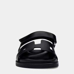 Hermes Noir Calfskin Leather Chypre Sandals 38