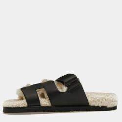 Hermes Noir/Ecru Calfskin Chypre Sherling Sandal 38