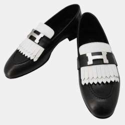 Hermes Black/White Chevres Mocassins Royale Loafers  Size 35H