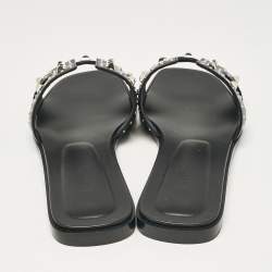 Pre Owned Hermes Black Leather Studded Oran Flat Slides Size 40.5