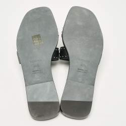 Pre Owned Hermes Black Leather Studded Oran Flat Slides Size 40.5