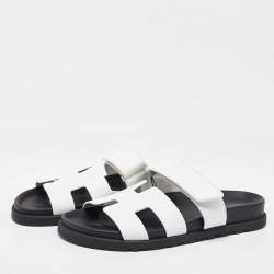 Hermes White Leather Chypre Flat Sandals Size 37.5