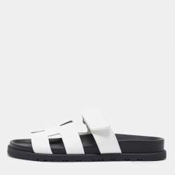 Hermes White Leather Chypre Flat Sandals Size 37.5
