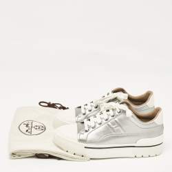 Hermes Silver/White Leather Voltage Low Top Sneakers Size 38