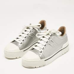 Hermes Silver/White Leather Voltage Low Top Sneakers Size 38