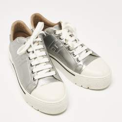Hermes Silver/White Leather Voltage Low Top Sneakers Size 38