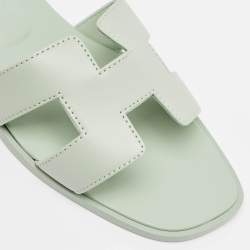 Hermes Mint Green Leather Oran Flat Slides Size 37.5