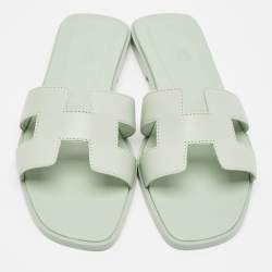 Hermes Mint Green Leather Oran Flat Slides Size 37.5