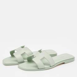 Hermes Mint Green Leather Oran Flat Slides Size 37.5