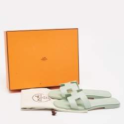 Hermes Mint Green Leather Oran Flat Slides Size 37.5