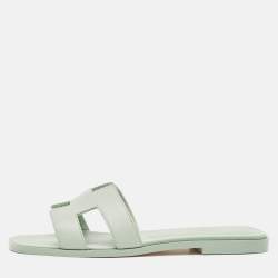 Hermes Mint Green Leather Oran Flat Slides Size 37.5