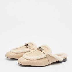 Hermes Beige Alligator Mississippiensis and Shearling Oz Flat Mules Size 38