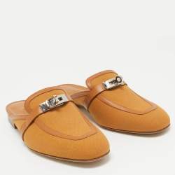 Pre Owned Hermès Brown Canvas and Leather Oz Flat Mules Size 39