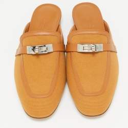 Pre Owned Hermès Brown Canvas and Leather Oz Flat Mules Size 39